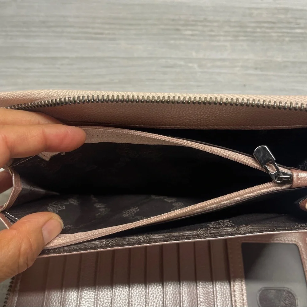Bveyzi Pink RFID Blocking Leather Zip Around Large Wallet Phone Clutch Wristlet